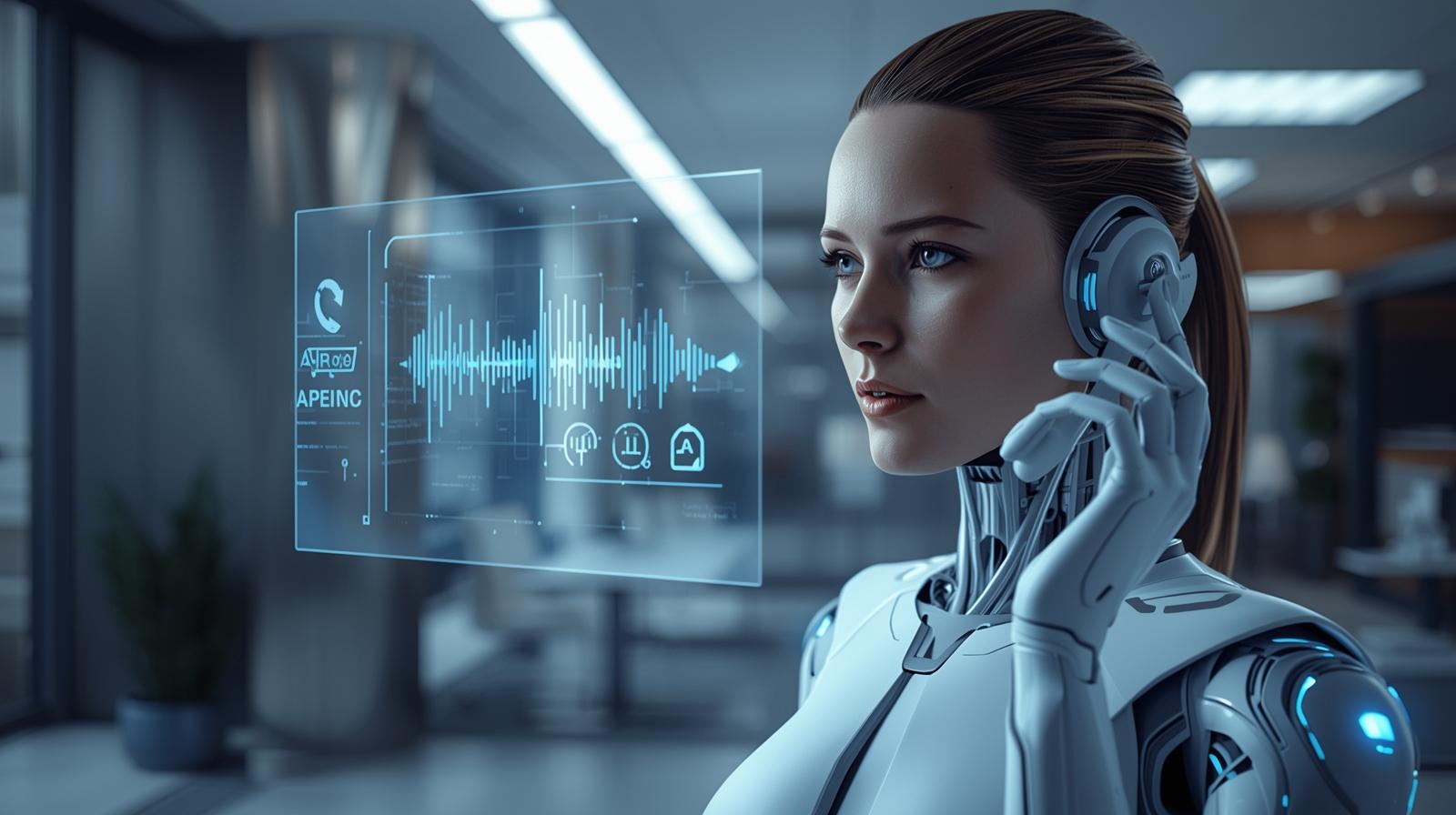 A friendly AI receptionist avatar appears on a computer screen, engaging in a live chat with a customer. The office background is softly blurred, and the interface glows with modern, intuitive design elements.