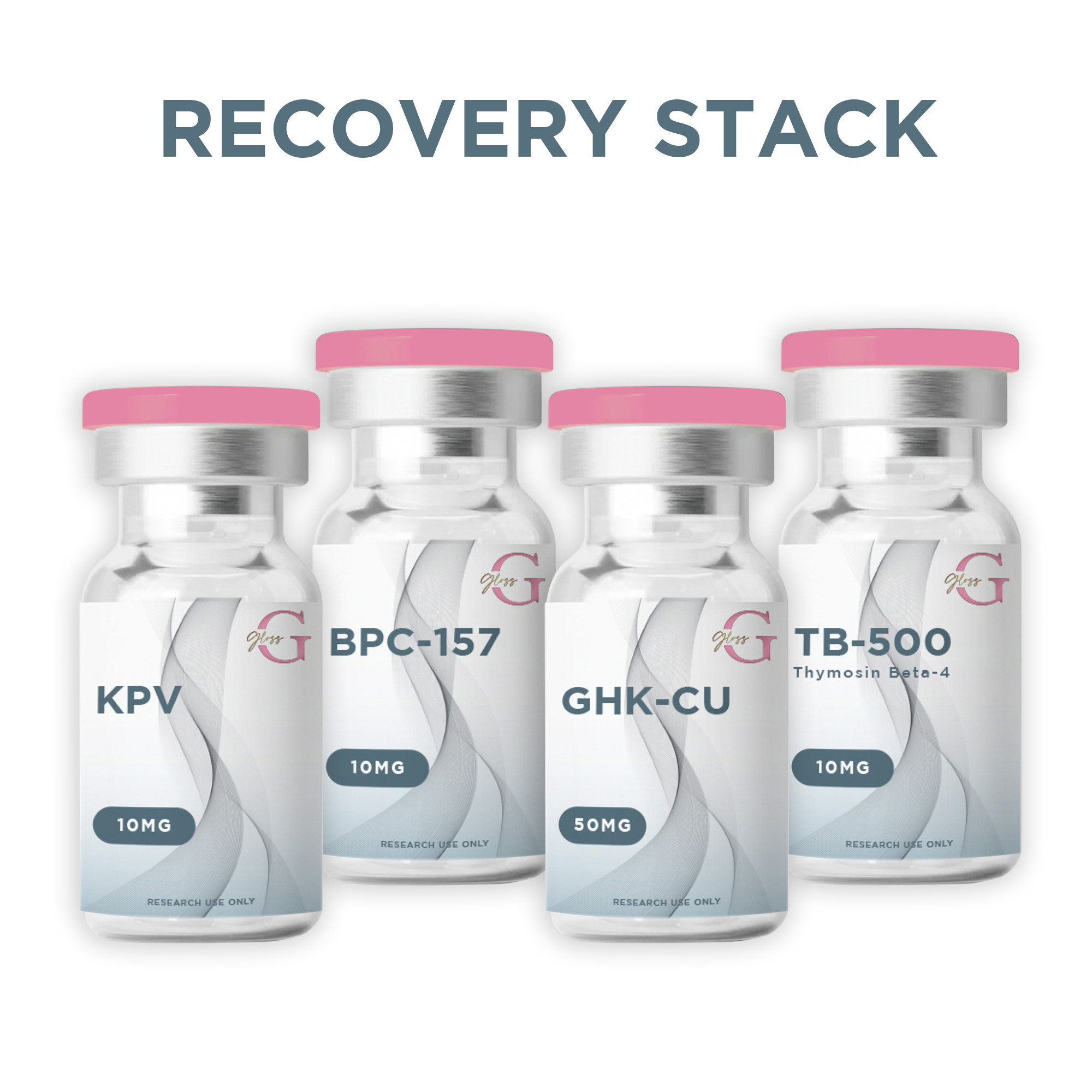 Gloss Medical Aesthetics & Laser website interface featuring the Recovery Stack peptide blend with KPV, BPC-157, GHK-Cu, and TB-500 vials for anti-inflammatory and injury repair.