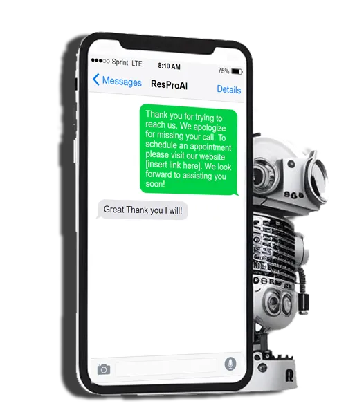 Phone showing automated response to a missed call.  Robot in background