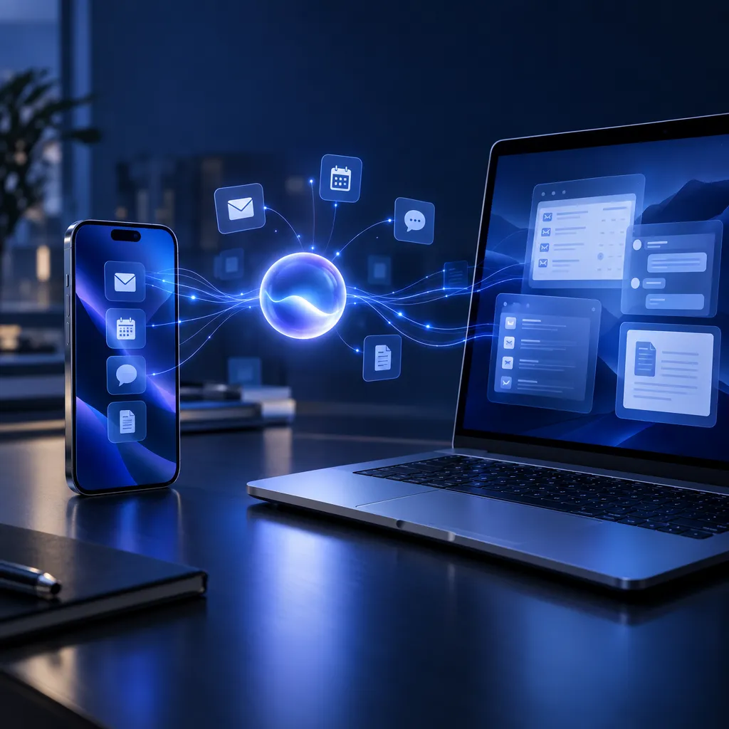 Sleek iPhone and MacBook side by side glowing with an AI interface, representing intelligent AI assistants and automation flowing across connected business devices