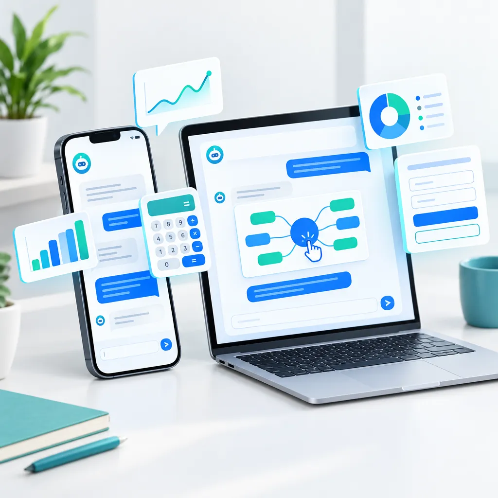 Smartphone and laptop displaying colorful interactive AI chat responses with charts, buttons, and calculator widgets floating from the screen, representing ChatGPT Intelligent UI