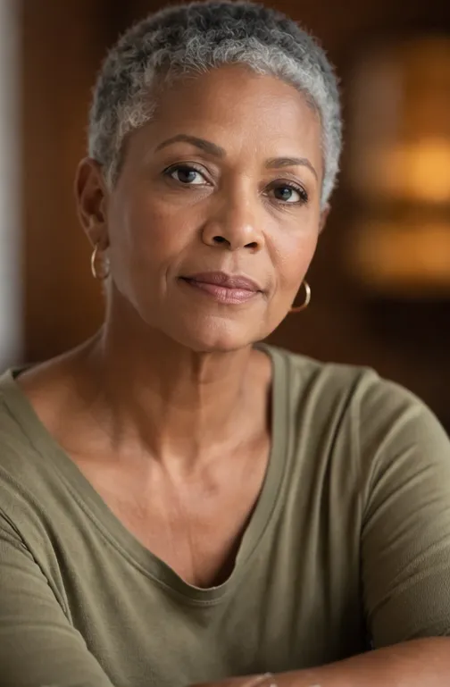 Portrait-style photo of a 35-year-old woman standing by a window, soft natural morning light, neutral home interior blurred background, contemplative pose, photorealistic and intimate — conveys private reflection and resilience.