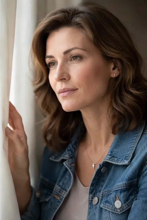 Portrait photo of a mid-30s woman smiling slightly while holding a closed journal, warm studio lighting, neutral beige background, natural styling that communicates gentle strength and approachability.