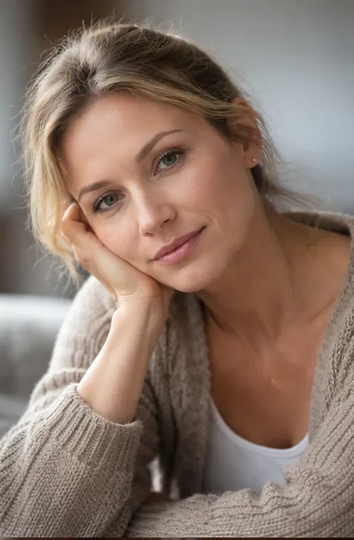 Portrait-style photo of a 35-year-old woman standing by a window, soft natural morning light, neutral home interior blurred background, contemplative pose, photorealistic and intimate — conveys private reflection and resilience.