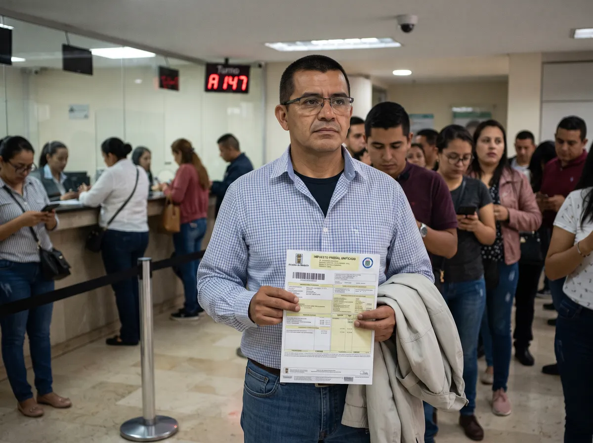 Hombre haciendo fila en un banco con expresión neutral, sosteniendo un recibo de impuesto predial en la mano.
