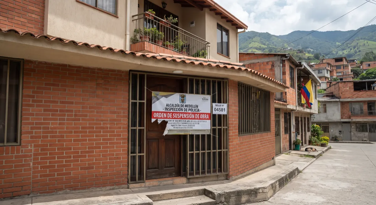 Fachada de una casa con un sello oficial de suspensión de obra colocado en la puerta