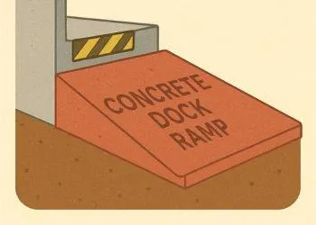 Loading dock concrete ramp with reinforced slab and drainage slope