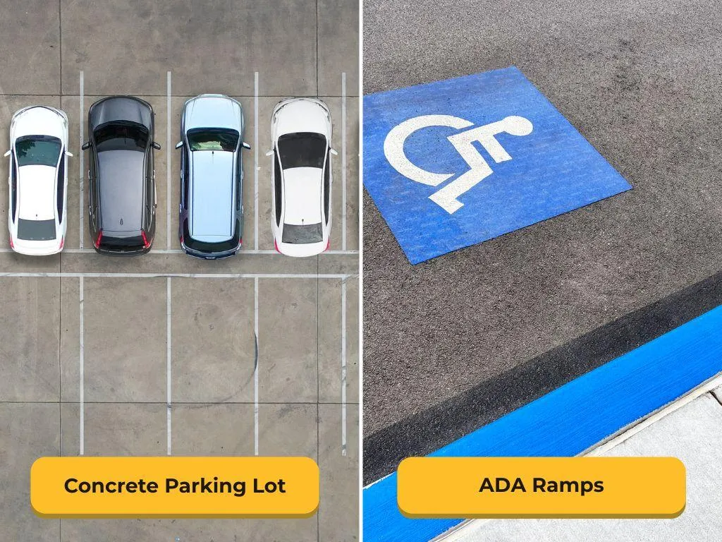 Finished concrete parking lot with ADA-compliant striping and curb ramps