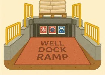 Concrete well dock ramp with reinforced edges and proper slope for loading access