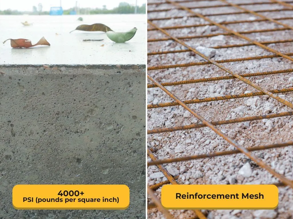 Rebar, wire mesh, and vapor barrier laid out for reinforced concrete slab installation