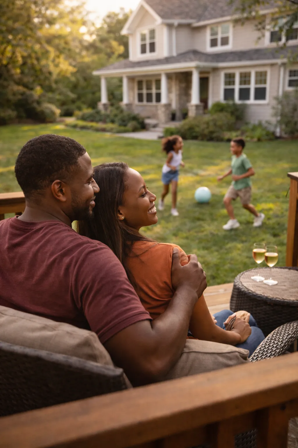 Two businesswomen converse outside modern office building.