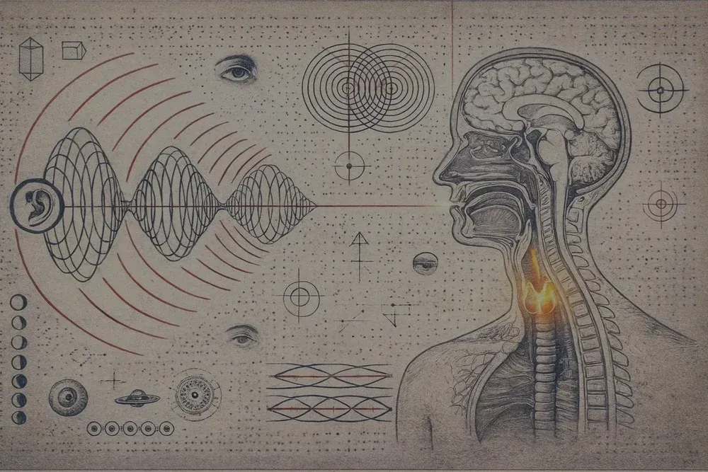 Ilustración del cuerpo y la voz, con un perfil anatómico y ondas sonoras