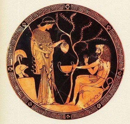 Escena de figuras de la Grecia antigua sobre cerámica