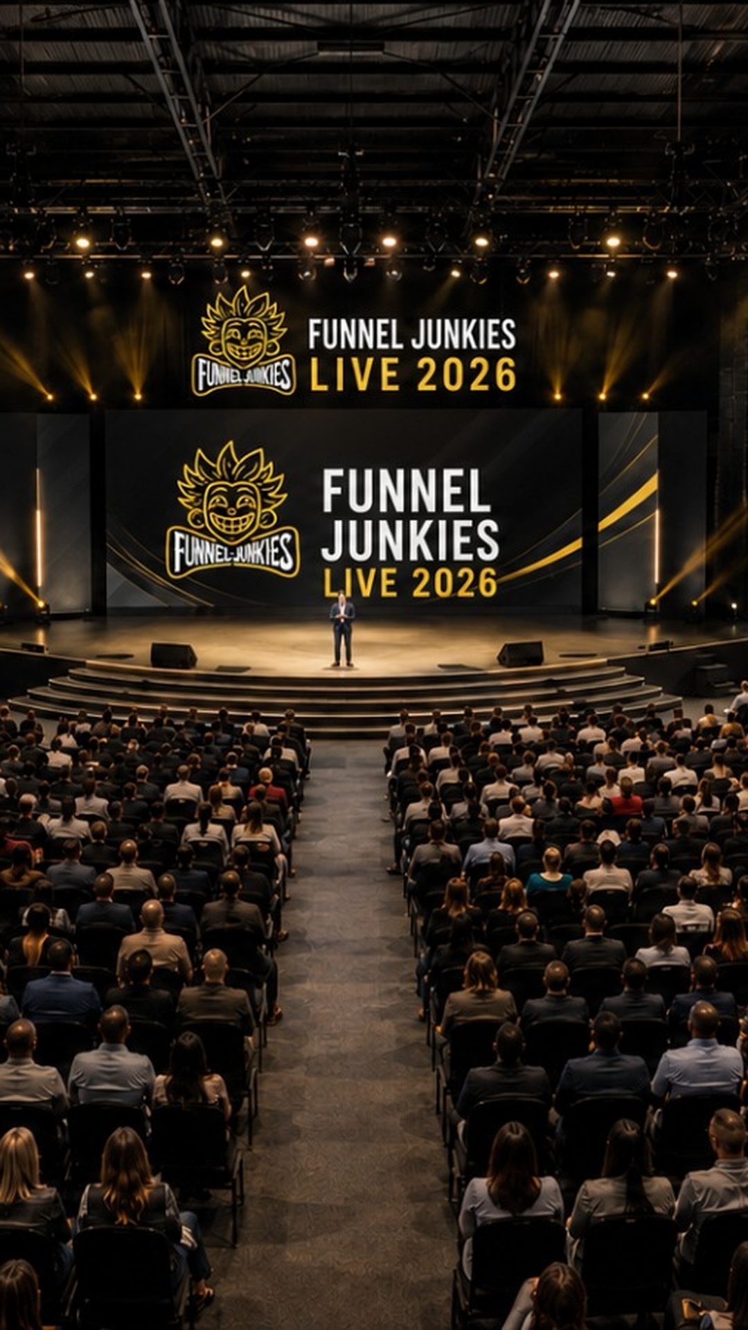 Conference stage speaker and networking scene