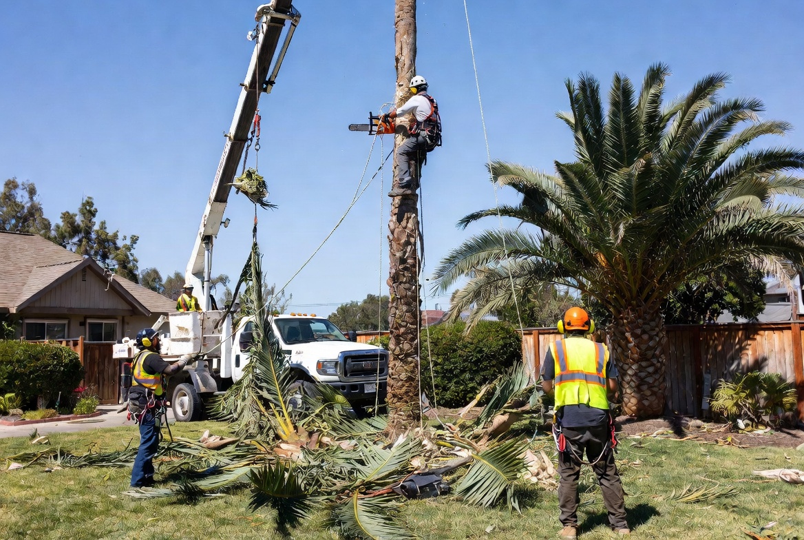 Arborist pruning a tall tree with ropes and overcast sky