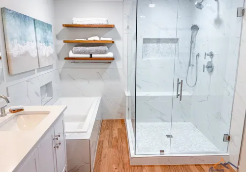 a kitchen with black cabinets