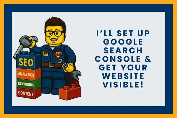 LEGO superhero character holding SEO building blocks, promoting SEO services for setting up Google Search Console and tracking website visibility.