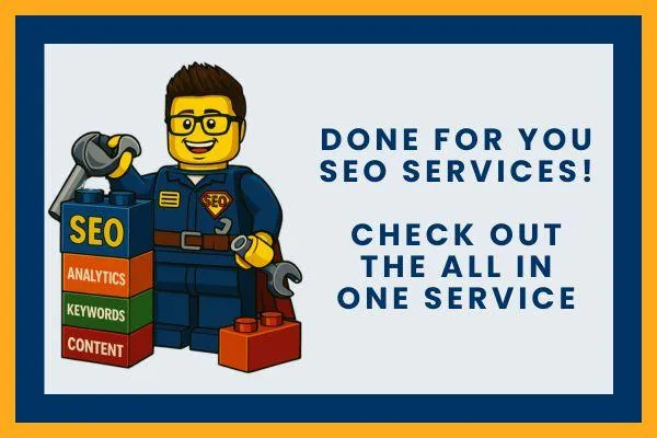 LEGO character superhero with a wrench, standing next to colorful SEO blocks labeled 'SEO', 'Analytics', 'Keywords', and 'Content', promoting Done-For-You SEO services.