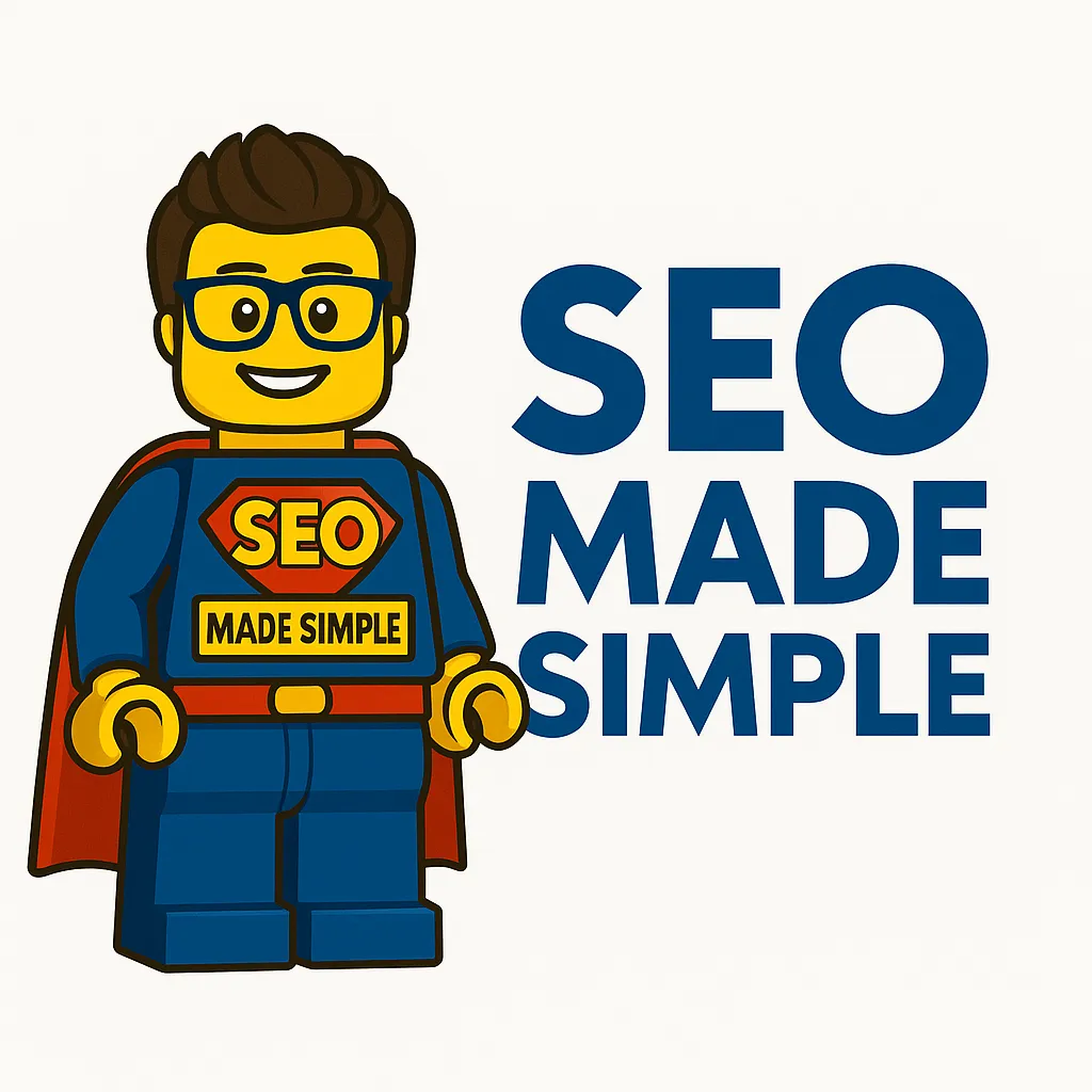 Lego character in SEO Made Simple Super hero costume, next to SEO Made Simple Logo 