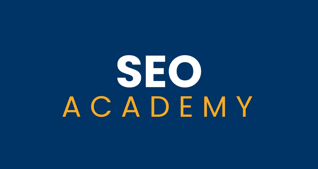 Logo on a blue background with white and yellow writing about the SEO Academy