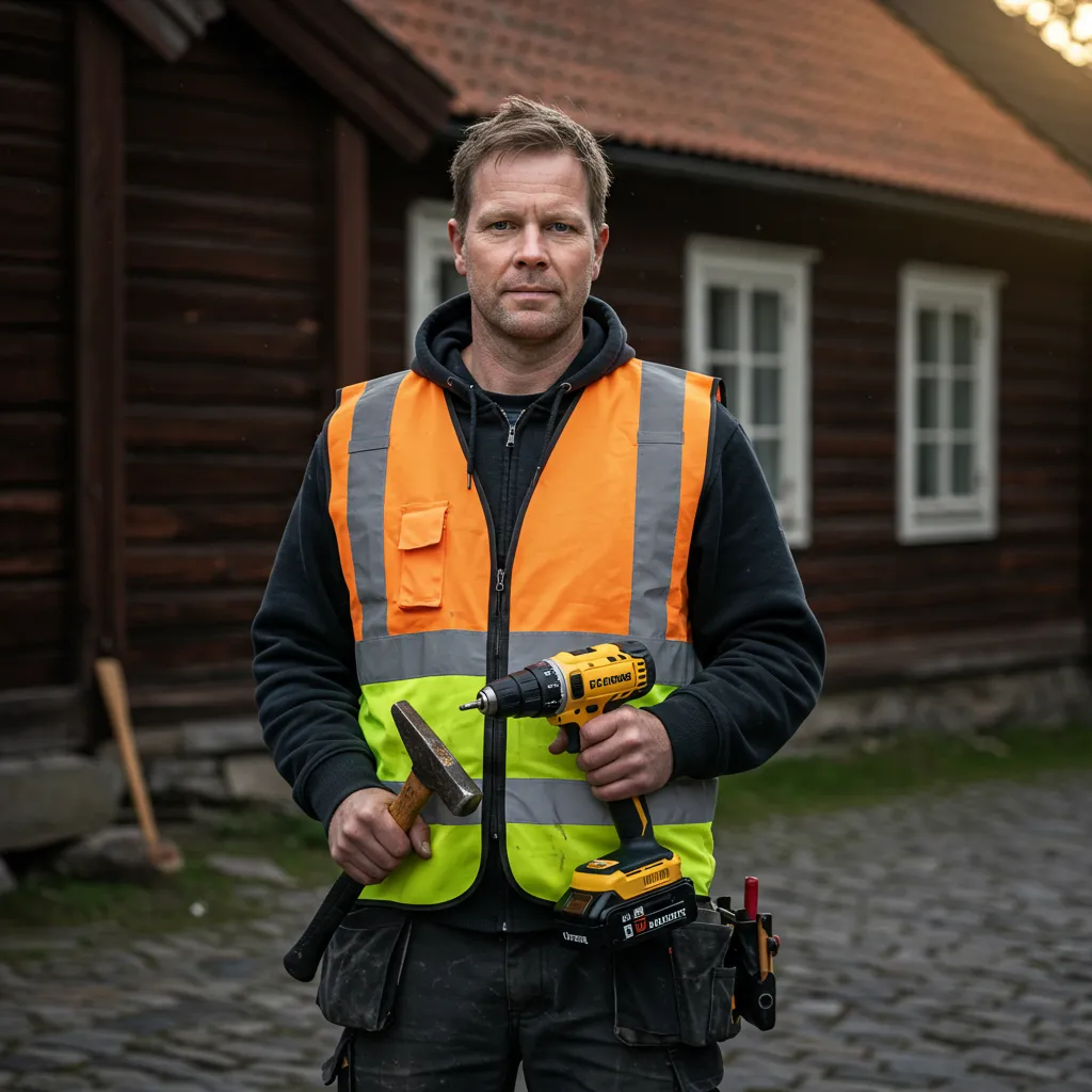 Hantverkare i varselväst med borr utanför ett hus