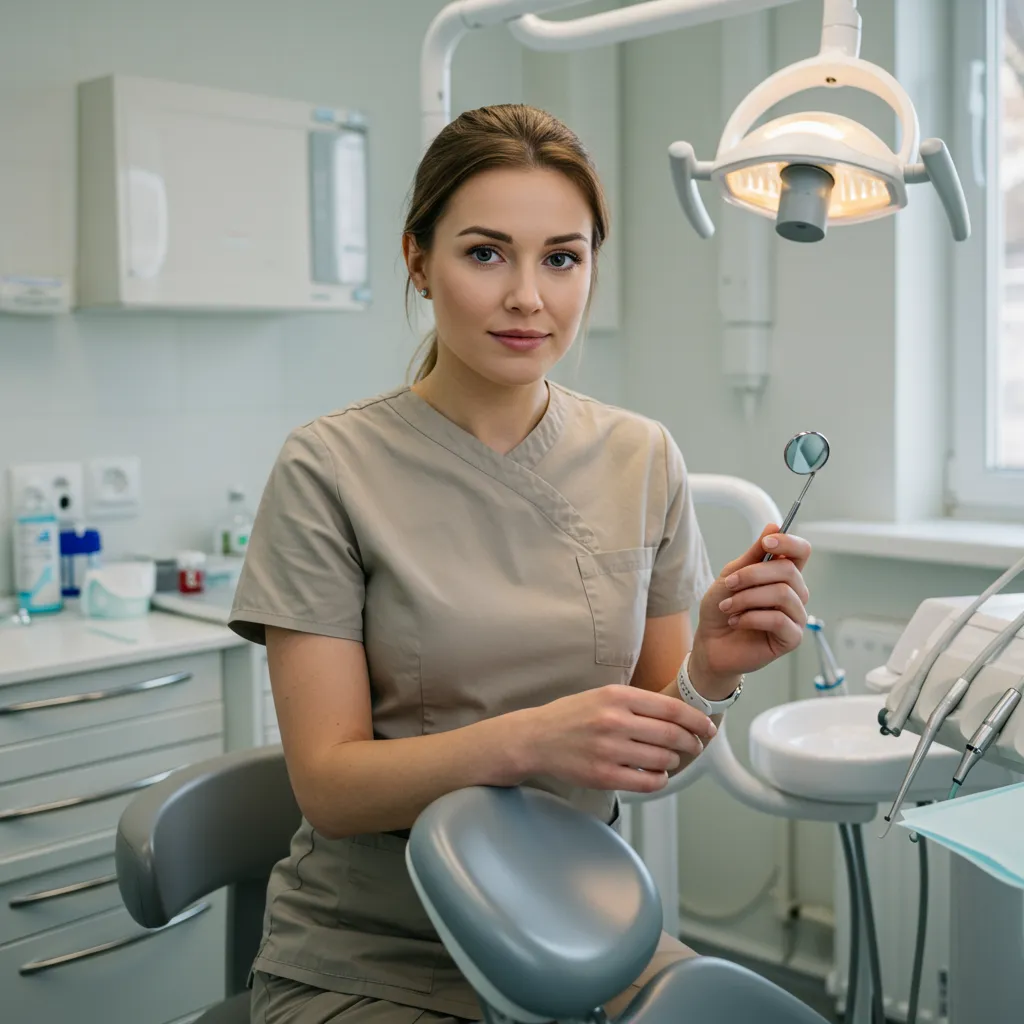 Tandläkare i klinik med tandläkarutrustning