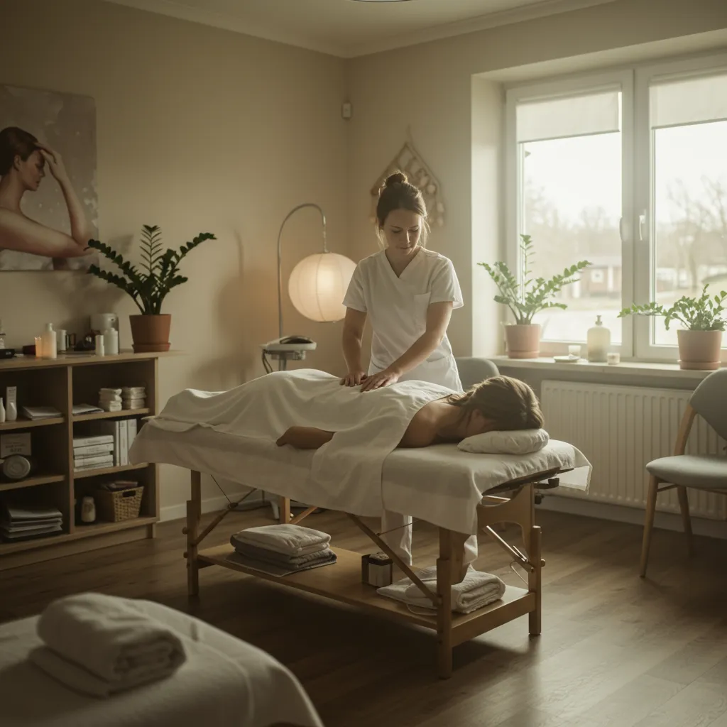 Massageterapeut behandlar kund i ett lugnt behandlingsrum