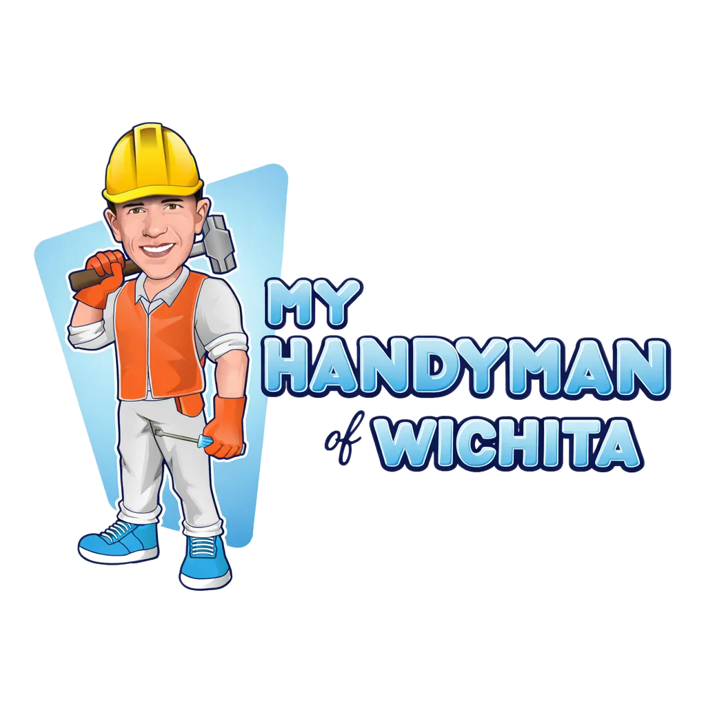 Handyman mascot character from My Handyman of Wichita, wearing a hard hat and holding tools, representing home repair and installation services.