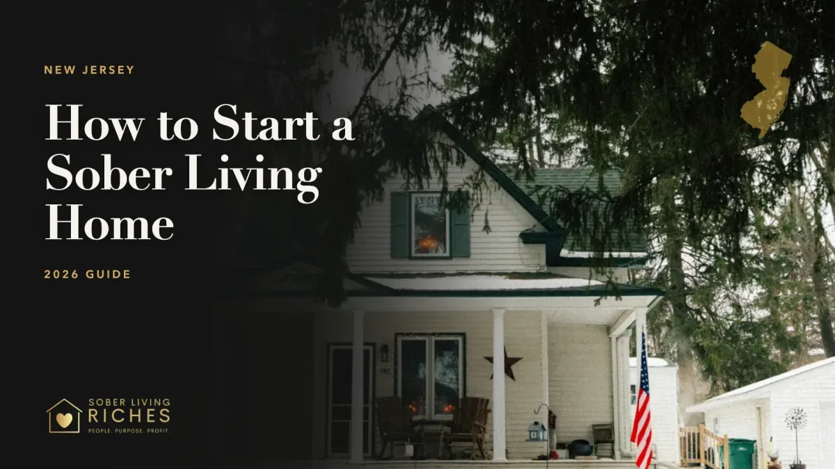 New Jersey residential home in winter with a state silhouette for the sober living guide