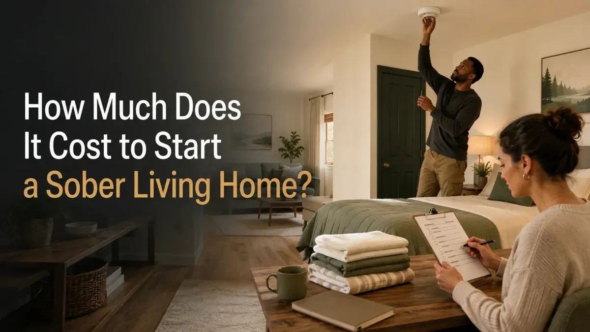 Operators preparing a furnished bedroom and safety checklist for a sober living home