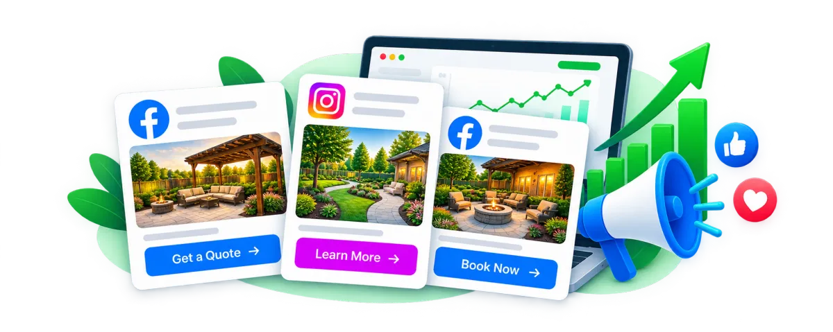 Ad Kicker launch kit creative mockups showing high-converting landscaping and outdoor living advertisements