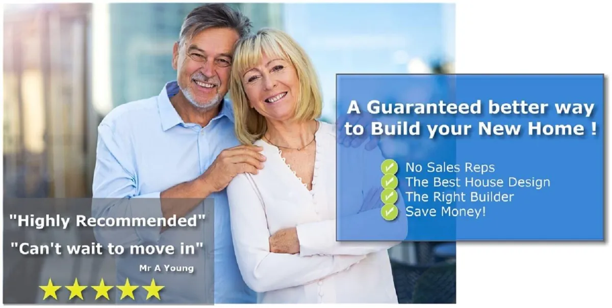 Smiling older couple embracing outdoors with a modern cityscape in the background. Overlaid text on the right reads: "A Guaranteed Better Way to Build Your New Home!" followed by bullet points: "No Sales Reps, The Best House Design, The Right Builder, Save Money!" On the left, a transparent box contains a five-star review with the quote: "Highly Recommended" and "Can't wait to move in" attributed to Mr. A Young. The image conveys trust, satisfaction, and a positive home-building experience.