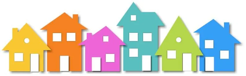 A row of six colorful house icons in yellow, orange, pink, teal, green, and blue, each with different window and roof designs. The image represents diversity in home styles and is  used as a branding element for a building broker centre building broker services. 