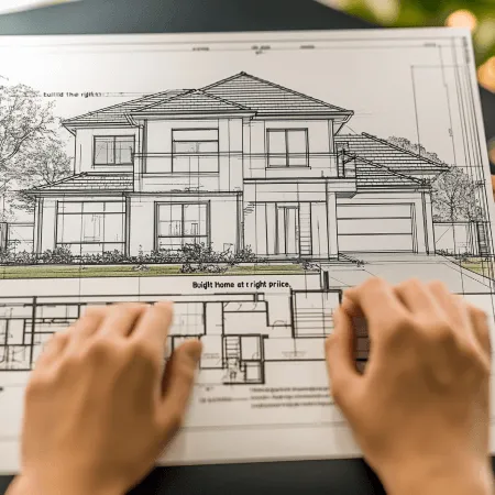 A house plan on a desk that has been sketched and designed. The view is from the designers perspective as you can see his hands. 