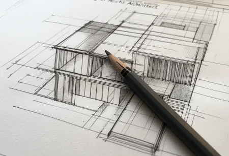 an image of a hand drawn double sorey house plan with a pencil laying over the plan. This illustrates the Builkding broker centre offers house plans sketches. 