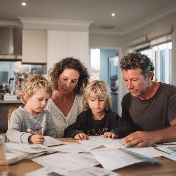 Family sitting at a kitchen table reviewing house plans and paperwork together in a modern home, discussing their new home project