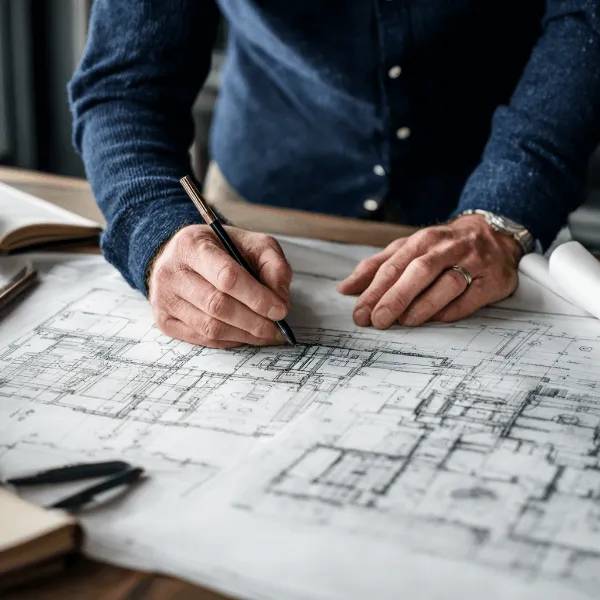 Close-up of hands reviewing and marking architectural house plans on a desk, showing detailed residential design drawings
