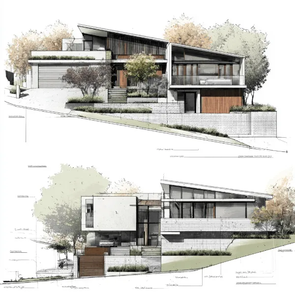 Architectural elevation drawings of a modern double-storey custom home, showing front and side views with detailed design annotations