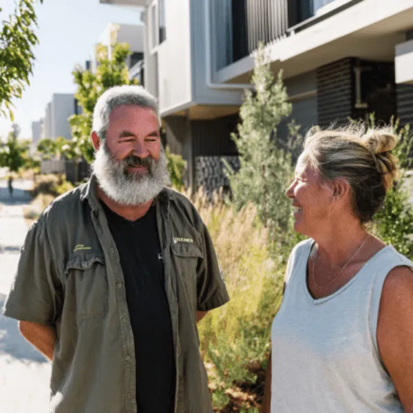 Homeowners smiling in front of a new Perth custom home exterior, celebrating their completed project