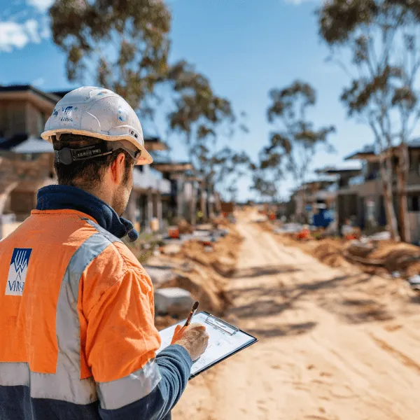 Construction quality inspection on a residential housing estate in Perth, supervisor documenting workmanship issues on a volume builder construction site in Western Australia