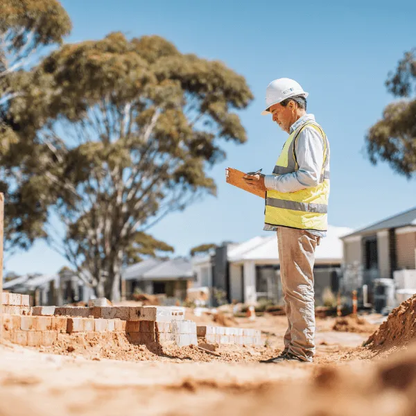 Construction supervisor inspecting residential home build in Perth, reviewing site quality and progress for a volume project builder in Western Australia