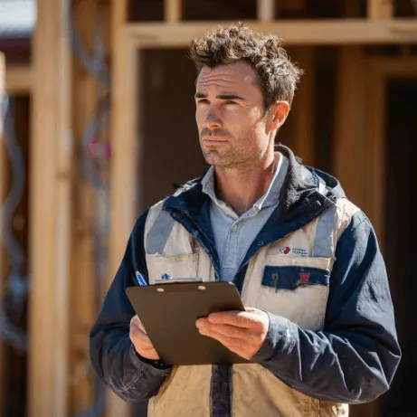 Residential construction supervisor on a Perth building site reviewing progress and workmanship during the construction phase for a volume home builder in Western Australia
