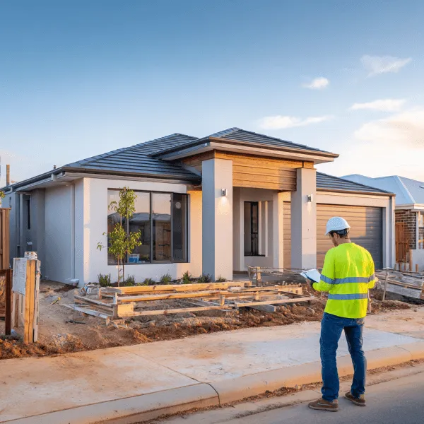 Independent building broker inspecting a newly completed home in Perth, Western Australia, reviewing workmanship and construction progress before builder handover and practical completion.
