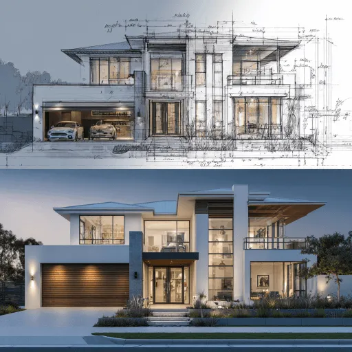 Custom Home Design Advice comparing architectural sketches to a completed modern two storey home in Carine Perth