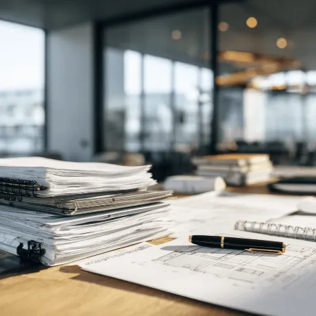 Building plans sit on a desk with a pen and ruler during Plan Review and Specification Review for a home in Wembley, Perth.