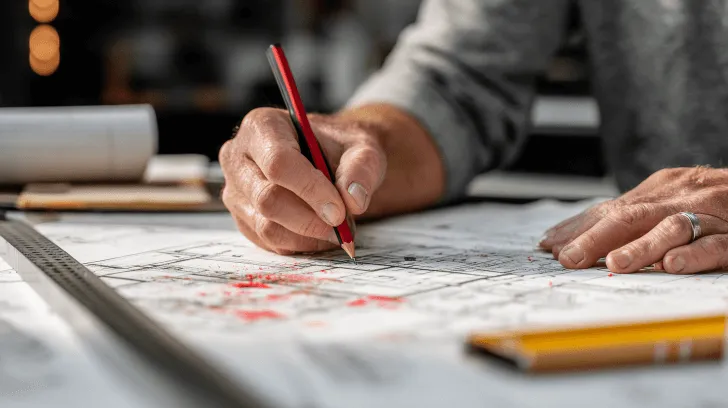 A person marks building drawings with a red pencil during Plan Review and Specification Review for a home in Duncraig, Perth.