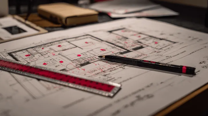 Building plans sit on a desk with a pen and ruler during Plan Review and Specification Review for a home in Wembley, Perth.