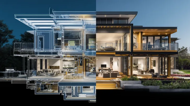 Architectural Design Coordination Perth showing a modern house design drawing turning into a finished home in Scarborough.