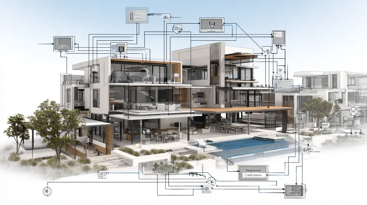 Architectural Design Coordination showing a large home with design notes and technical lines over the building