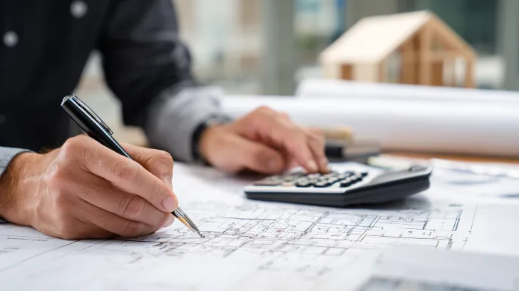 Architectural Design Coordination Perth showing a person measuring and marking building plans with a pen in Morley.